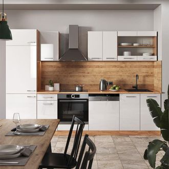 Vicco Mueble De Cocina R-line, Blanco Brillo Intenso/roble Dorado, 300 Cm Sin Encimera