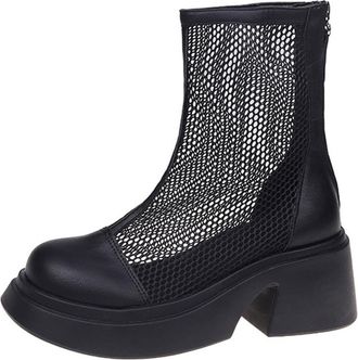 Generic Ladies Retro British Style Mid Calf Boots with Mesh Hollow Out Design Round Toe High Heel Back Zipper Ankle Boots Fashion Footwear(Black, 6.5)