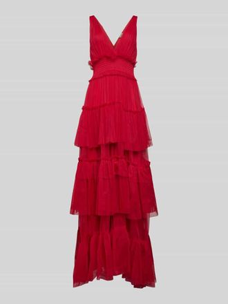 Lace & Beads Abendkleid mit V-Ausschnitt in Hellrot, Gr&ouml;&szlig;e XS