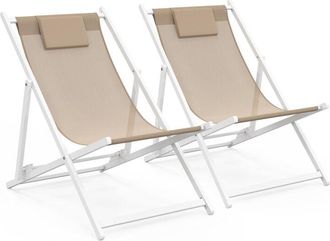 IDMarket Set di 2 sedie in metallo bianco LOTA in tessuto textilene beige