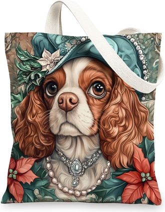 Generic Vintage Christmas Cavalier King Charles Spaniel Dog Canvas Tote Bag for Shopping 13x15, Retro Xmas Puppy Reusable Grocery Print Pattern Bag for Women,