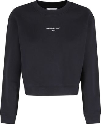 Maison Kitsun&eacute; Black Cropped Front-Embroidered Cotton Sweatshirt
