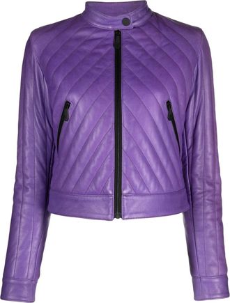 Philipp Plein matelassé leather biker jacket - women - Viscose - L - Purple