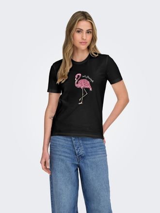 Only Kurzarmshirt ONLY ONLKITA REG S/S PRINT TOP NOOS, Damen, Gr. XL, schwarz print:flamingle, Jersey, Obermaterial: 100% Baumwolle, bedruckt, regular fit 