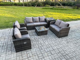 Fimous 7 Seater Garden Furniture Set Rattan Outdoor Lounge Sofa Chair With Tempered Glass Table Side Table Dark Grey Mixed