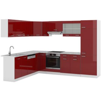 Vicco Cucina angolare completa R-Line, Bordeaux lucido/bianco, 227 x 287 cm, pl Marmo