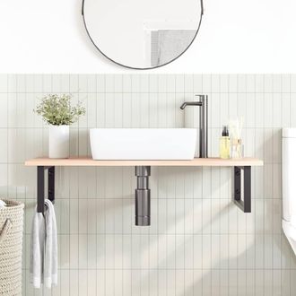 Berkfield Home Elegant Basin Shelf Wall Mounted Steel & Solid Wood Oak in Natural
