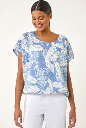 Roman Leaf Print Lace Bubble Hem Top
