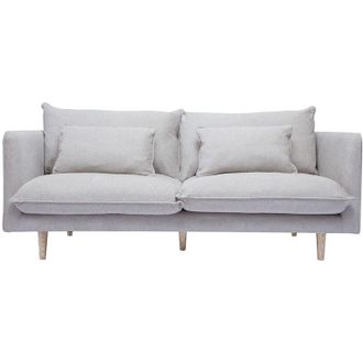 Miliboo Divano scandinavo 3 posti in tessuto effetto velluto testurizzato beige e legno chiaro clayton