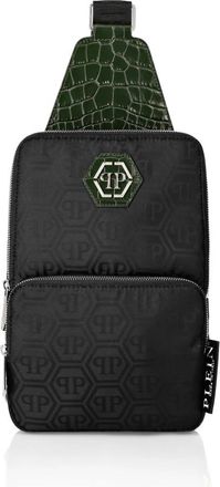 Philipp Plein Nylon en Leren Crossbody Tas met Monogram - Heren - Schoudertassen - Zwart - ONE Size - Nylon - Tassen