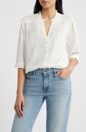 Wit & Wisdom Ruffle Collar Eyelet Button-Up Shirt in Off White at Nordstrom, Size X-Large