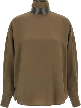 Brunello Cucinelli Overhemden, Dames, Bruin, M, Monili Turtleneck Zijden Blouse