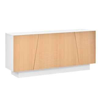 Urban Meuble Aparador blanco y efecto madera 4 puertas asim&eacute;tricas con relieve