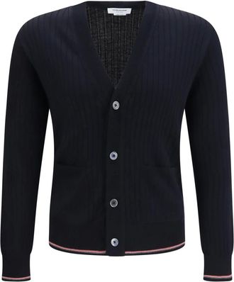 Thom Browne Ribbed Merino Wool Cardigan - Heren - Truien - Blauw - Maat: S Wol