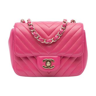 Chanel Pre-owned Mini Square Classic Chevron Lambskin Single Flap - Dames - Pre-owned - Roze - Maat: ONE Size Leer