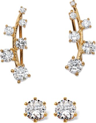 Palm Beach Jewelry 2.22 TCW CZ 14k Gold-plated Sterling Silver Ear Climber and Stud Earrings Set