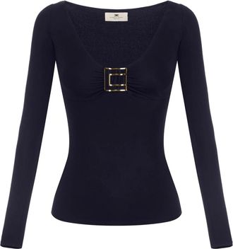 Elisabetta Franchi Top in jersey con dettaglio logo gioiello - - Tops - Donna - Blu - S