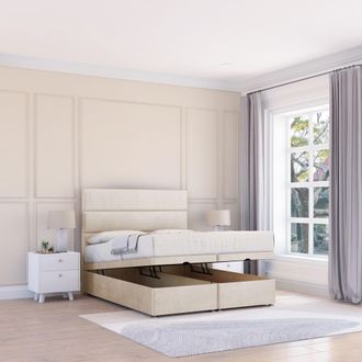 Sloomy Texas Plush Fabric Ottoman Bed End Opening With Sprung Memory Mattress & 26 Inch strut Headboard in Cream | Size: Super King