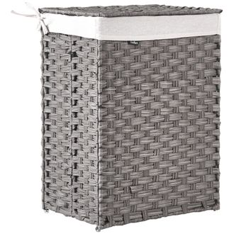 Beliani Cesto Para La Ropa Sucia Plegable De Tejido Trenzado Con Tapa Forro Extra&iacute;ble Hecho A Mano Cuarto De Ba&ntilde;o 83l Gris Mucubaji