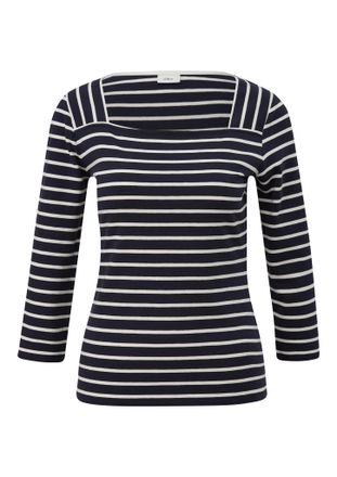s.Oliver Black Label T-Shirt S.OLIVER BLACK LABEL, Damen, Gr. 38, blau (blau stripe), Jersey, Obermaterial: 93% Baumwolle, 7% Elasthan, gestreift, regular fit taillenbedec