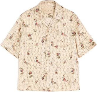 Valentino Floral Short Sleeve Shirt - Heren - Korte mouwen Overhemden - Beige - XL - Overhemden