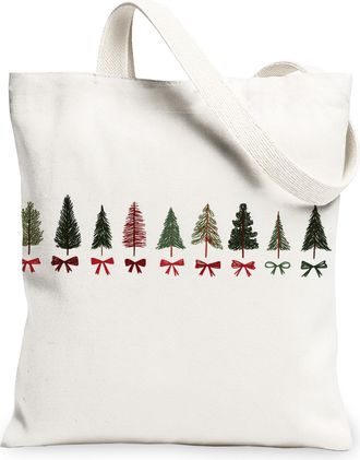 Generic Christmas Tree Canvas Tote Bags, Pine Pattern Reusable Grocery Bags, Winter Rustic Lightweight Washable Shoulder Strap Canv, White, 13x15 Inch