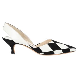 Manolo Blahnik Pre-owned Womens Check Accent Slingback Pumps in Black and White Leather - Multicolour - Size 37.5 EU/IT