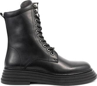 Sergio Moretti Zwarte Leren Enkellaarsjes - Dames - Veterlaarzen - Zwart - 38 EU - Leer - Schoenen