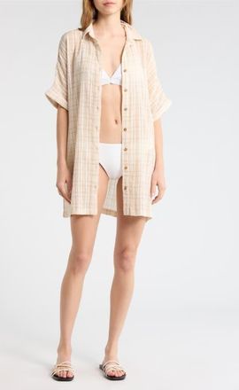 Rip Curl Paradise Check Cover-Up Shirtdress in Off White at Nordstrom, Size Xx-Small