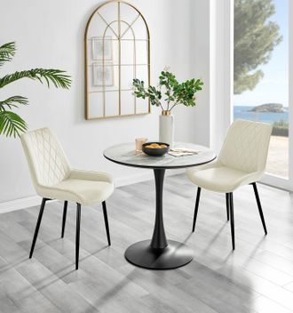Furniturebox Elina White Marble Effect Scratch Resistant Dining Table & 2 Pesaro Black Leg Velvet Chairs in Cream