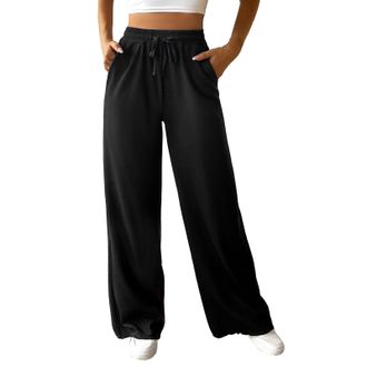 Generic Girls Black School Trousers Age 1314 Trouser Womens High Waisted Wide Leg Pants Casual Comfy Drawstring Loose Pants with Pockets Cargo Trousers Women 