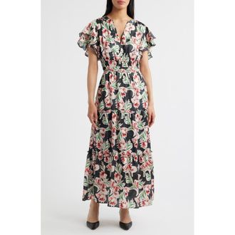 Julia Jordan Floral Tiered Split Neck Ruffle Sleeve Satin Dress in Black Multi at Nordstrom Rack, Size 14