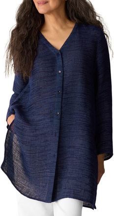 Eileen Fisher Jacquard Organic Linen Blend Button-Up Shirt in Ink at Nordstrom, Size X-Small