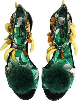 Dolce & Gabbana Womens Green Mink Fur Satin Banana Leaf Sandals Shoes Silk Hay