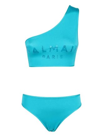 Balmain logo-print one-shoulder bikini - Blue