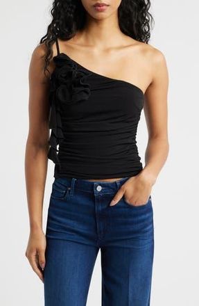 Mango Ruched Asymmetrical One-Shoulder Top with Ruffle Trim in Black at Nordstrom Rack, Size X-Large
