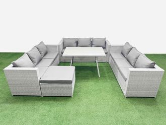 Fimous 10 Seat Patio PE Rattan Garden Furniture with Big Stool Light Grey