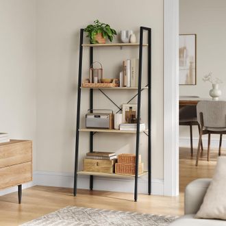 Woltu Estanter&iacute;a Multiusos Moderna De 4 Niveles Librer&iacute;a Para Sala De Esta Escalera De Flores Blanco + Roble Claro - Woltu