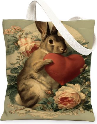 Generic Vintage Floral Canvas Tote Bags, Rabbit Heart Design Reusable Grocery Bags, Romantic Lightweight Washable Shoulder Strap Ca, Beige, 13x15 Inch
