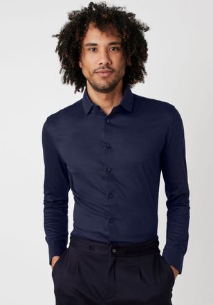 DeSoto Langarmhemd DESOTO Jerseyhemd Casual Kent langarm, Herren, Gr. L, N-Gr, blau (solid navy), Jersey, Obermaterial: 100% Baumwolle, slim fit, Manschette,