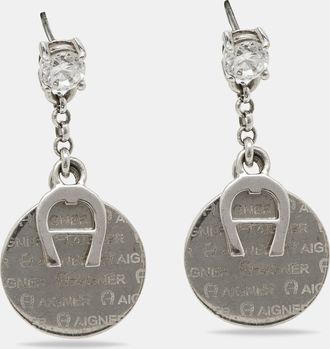 Aigner Silver Tone Crystal Detail Drop Earrings
