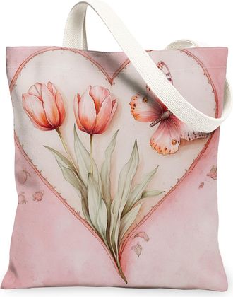 Generic Floral Peach Canvas Tote Bag, Flower Butterfly Design Reusable Bags, Spring Lightweight Washable Shoulder Strap for Travel Beach Picnic 13x15 Inch