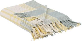 Beliani Manta De Algod&oacute;n Amarillo Verde Oscuro 125 X 150 Cm A Mano A Cuadros Flecos Betali