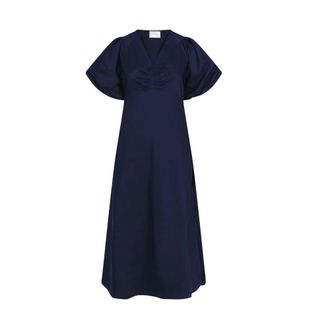 Neo Noir Kleedjes, Dames, Blauw, 2Xl, Katoen, Elegante Poplin Jurk met Gedrapeerde Details