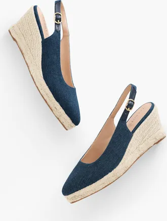 Talbots Vivi Denim Slingback Espadrille Wedges - Dark - 6 1/2 M - 100% Cotton Talbots