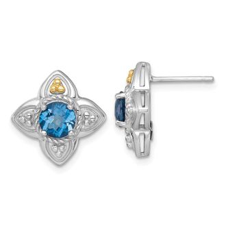 Diamond2Deal Sterling Silver Rhodium-plated with 14k Accent Round London Blue Topaz Flower Stud Earrings