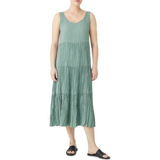 Eileen Fisher Tiered Pleated Silk Midi Dress in Green at Nordstrom Rack, Size Medium P