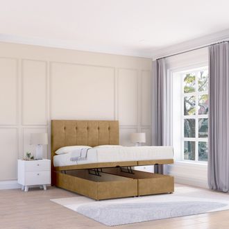 Sloomy Highbury Plush Fabric Ottoman Bed End Opening With Sprung Memory Mattress & 26 Inch strut Headboard in Light Brown | Size: Small Single
