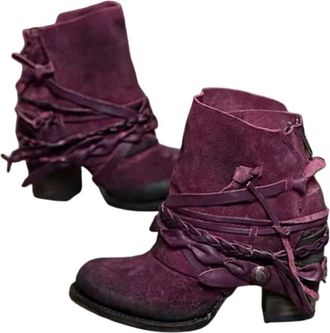 Generic Suede Ankle Boots Women Vintage Block Heels Mid Calf Boots Back Zipper Fashion Western Cowboy Chunky Motorcycle Leather Booties Comfortable Walking Sh