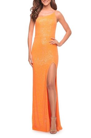 La Femme Bright Simple One Shoulder Long Sequin Evening Gown in Orange at Nordstrom, Size 00